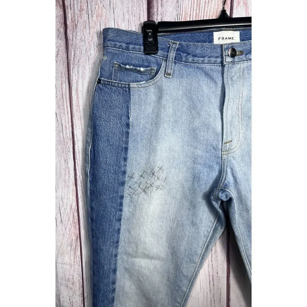 FRAME Women's Mid Rise Straight Leg Jeans Blue Le Garcon 2 Tone Patchwork Sz 36
